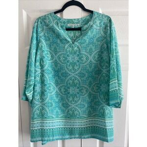 Violet + Claire Paisley Medallion Tunic Womens Size 1X Teal Green Boho Blouse